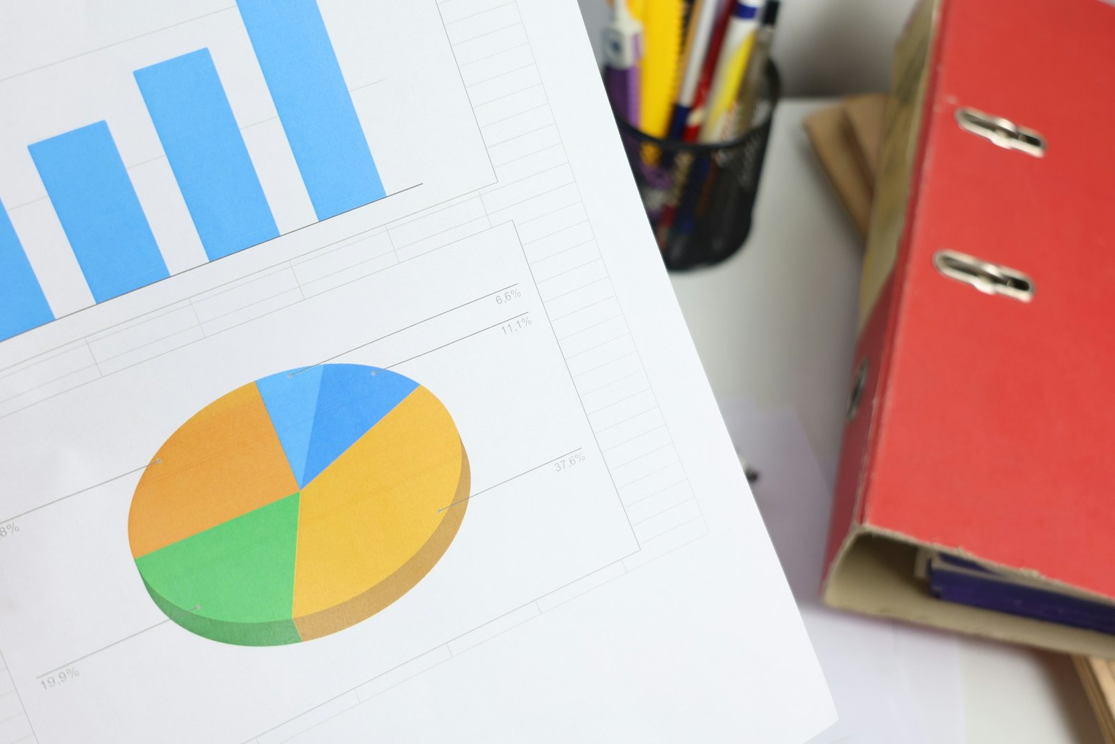Bar and pie charts on a printed financial document