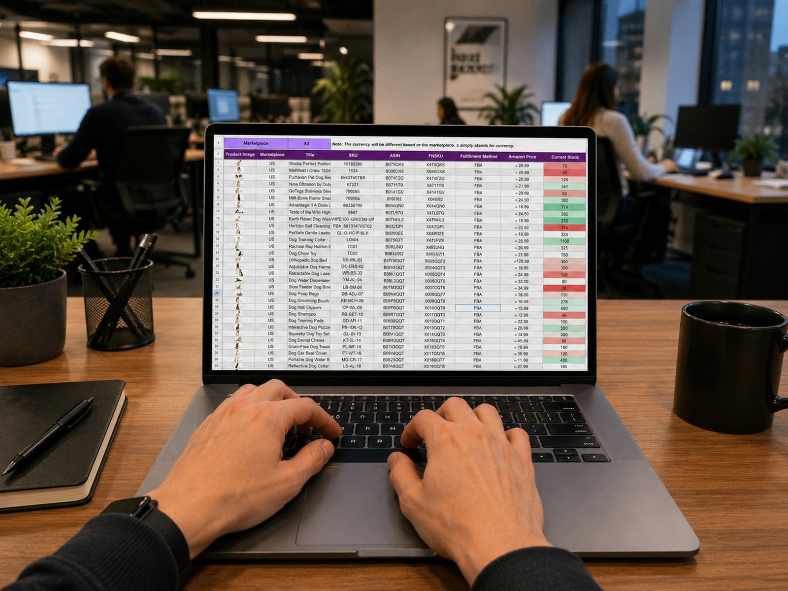 Hands typing on a laptop showing a spreadsheet of transaction numbers